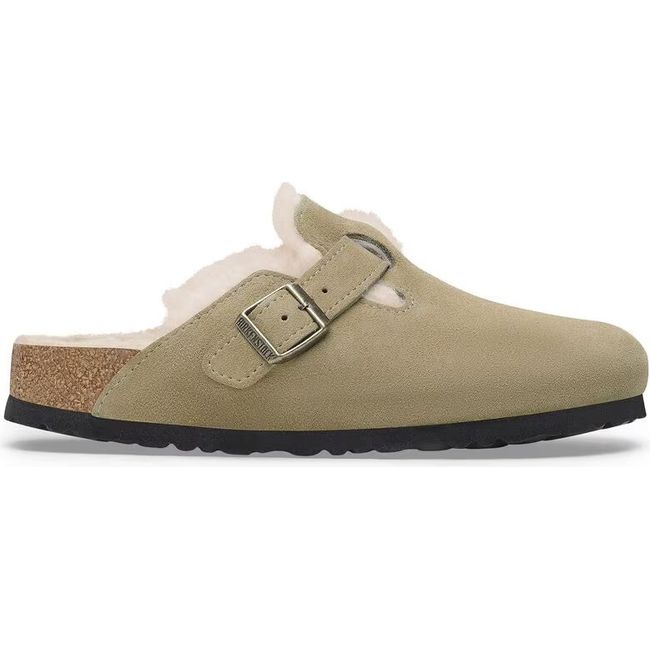 ide of Tan Suede Birkenstock Clog with Shearling Lining