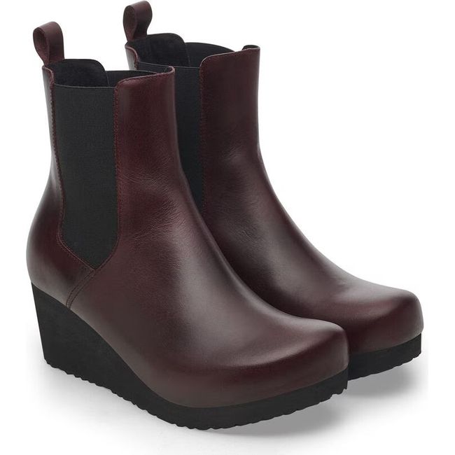 Pair of Women's Birkenstock Ebba Slip On Wedge Boots in Zinfandel brown leather