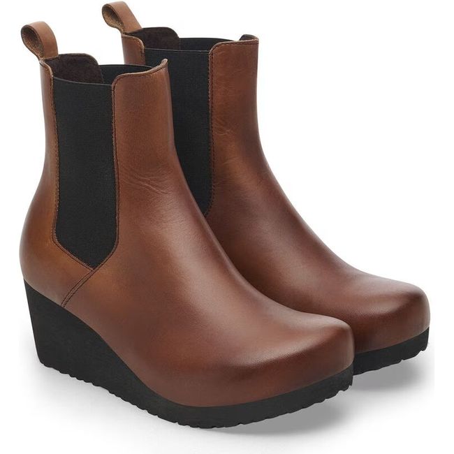 Pair of Women's Birkenstock Ebba Slip On Wedge Boot in black and cognac leather