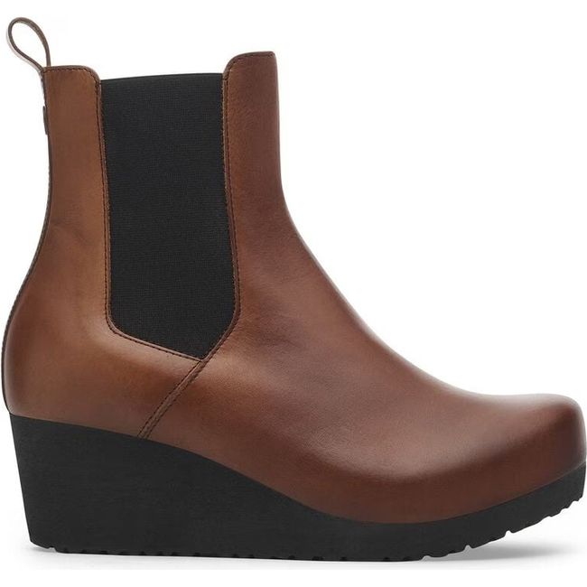 Lateral side of Women's Birkenstock Ebba Slip On Wedge Boot in black and cognac leather