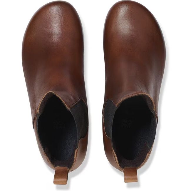 Top down view of Women's Birkenstock Ebba Slip On Wedge Boot in black and cognac leather