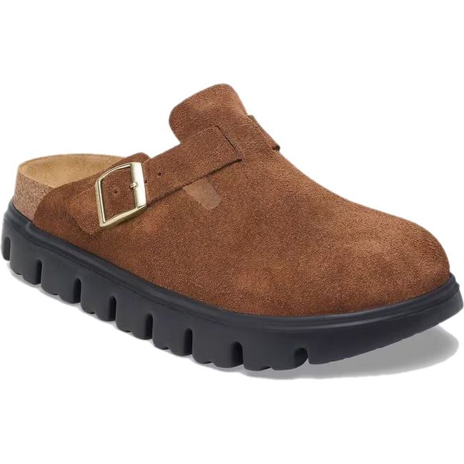 Front angled view of Birkenstock Boston Chunky Clog in Dark Tea Brown suede