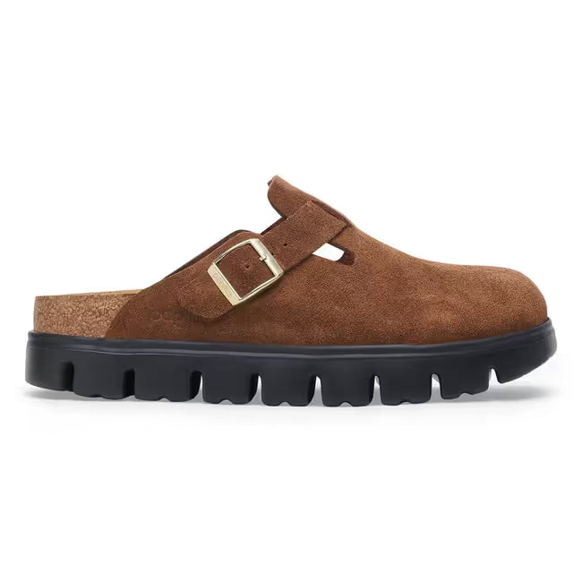 Lateral side view of Birkenstock Boston Chunky Clog in Dark Tea Brown suede