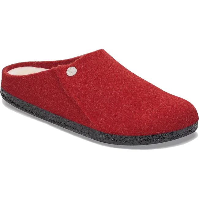 Front angled view of Womens Birkenstock Zermatt Shearling Narrow Slipper in Active Red wool