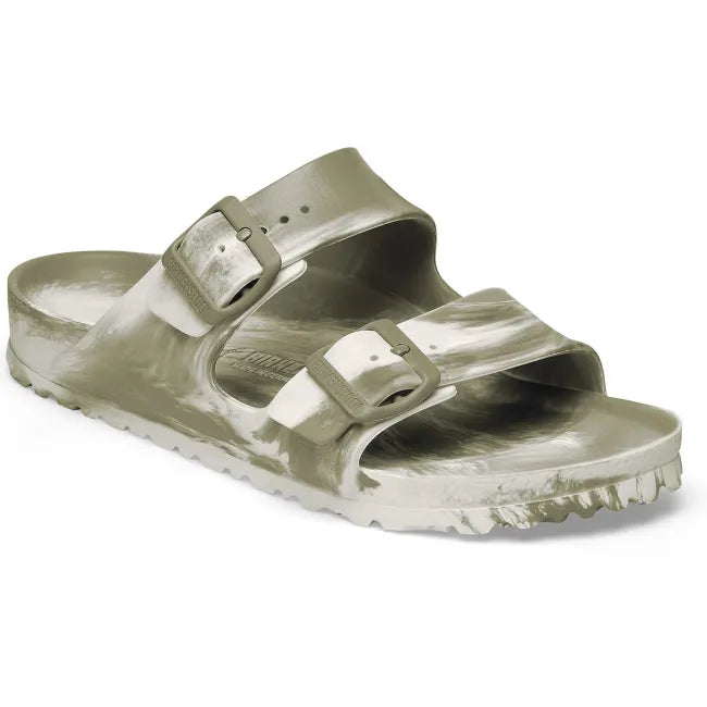 Front angled view of Birkenstock Unisex Arizona EVA Sandal in Khaki/Eggshell