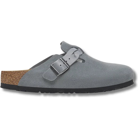 Lateral side of Birkenstock Women's Boston Braided Suede Clog in Basalt Gray