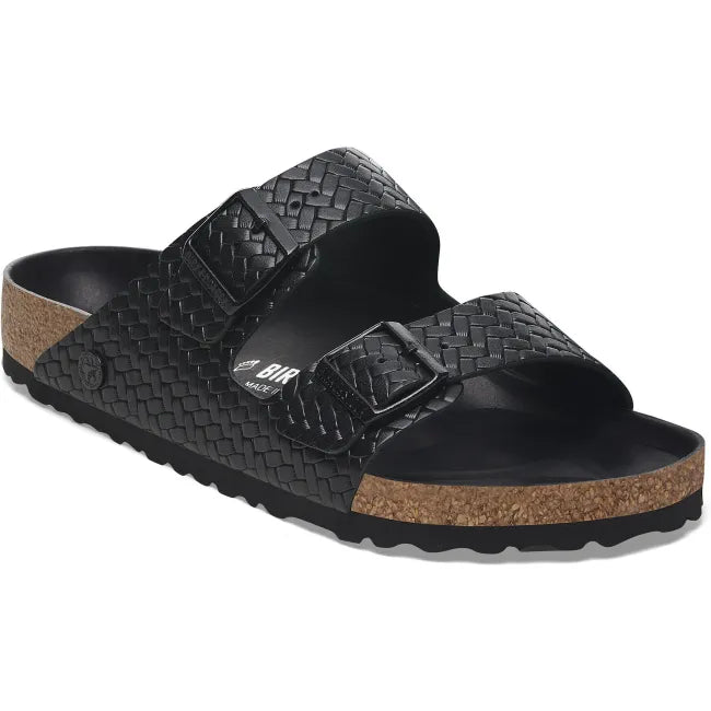 Front angled view of Birkenstock Unisex Arizona Embossed Leather Sandal in Woven Embossed Black