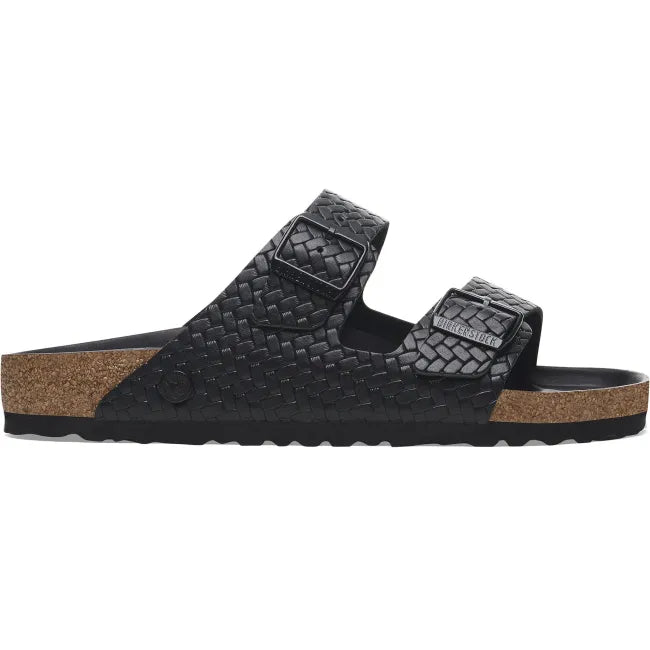 Lateral side of Birkenstock Unisex Arizona Embossed Leather Sandal in Woven Embossed Black