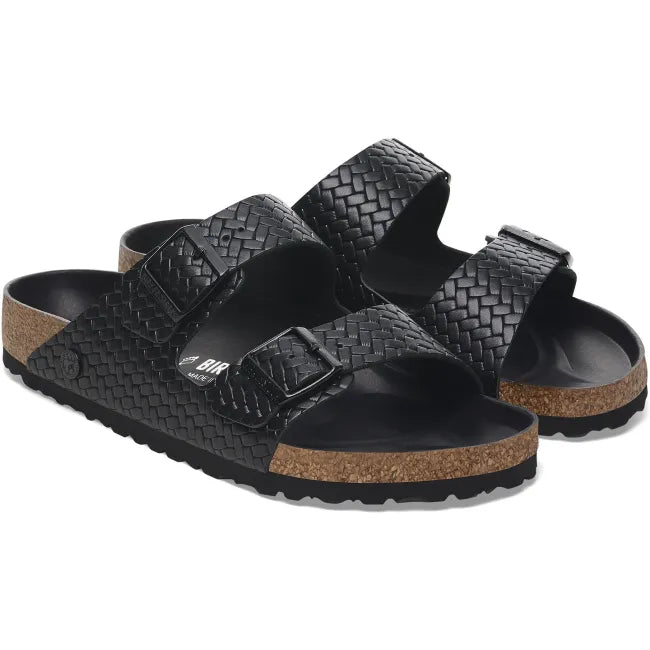 Pair of Birkenstock Unisex Arizona Embossed Leather Sandals in Woven Embossed Black