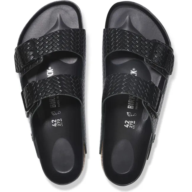 Top down view of Birkenstock Unisex Arizona Embossed Leather Sandals in Woven Embossed Black