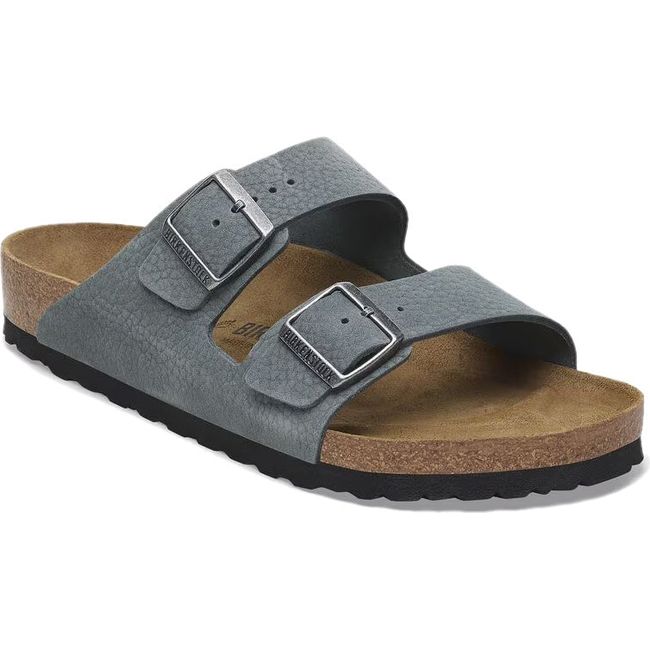Front angled view of Birkenstock Men's Arizona Nubuck Sandal in Desert Buck Basalt Grey