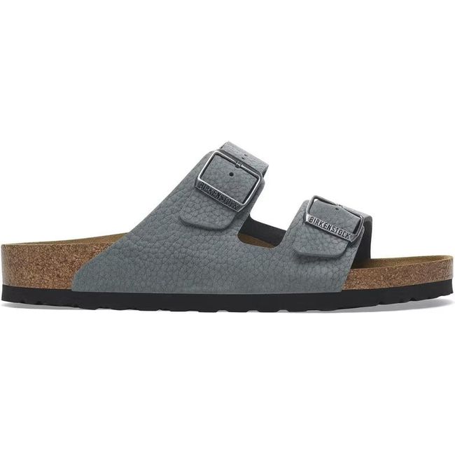 Lateral side of Birkenstock Men's Arizona Nubuck Sandal in Desert Buck Basalt Grey
