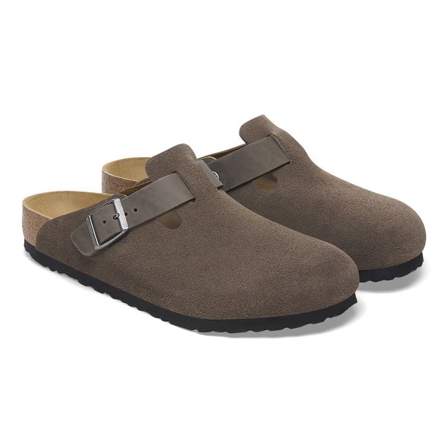 Pair of Birkenstock Men’s Boston Mixed Leather clogs in concrete gray suede