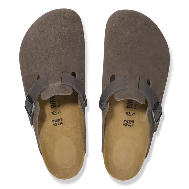 Upper of Birkenstock Men’s Boston Mixed Leather clogs in concrete gray suede