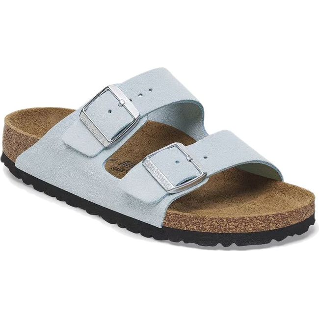 Front angled view of Birkenstock Women's Arizona Suede Sandal in baby blue