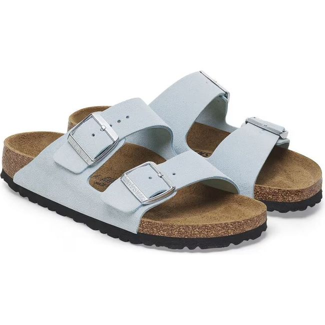 Pair of Birkenstock Women's Arizona Suede Sandals in baby blue