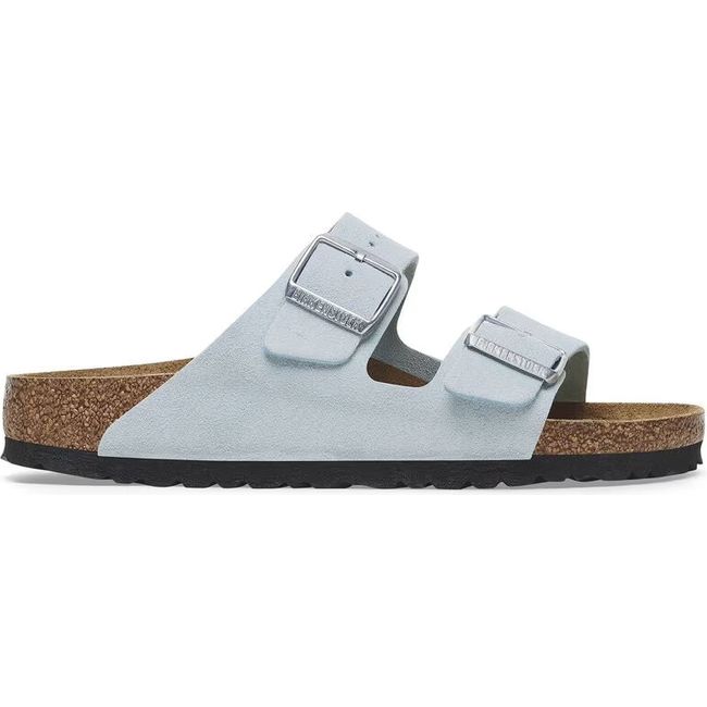 Lateral side of Birkenstock Women's Arizona Suede Sandal in baby blue