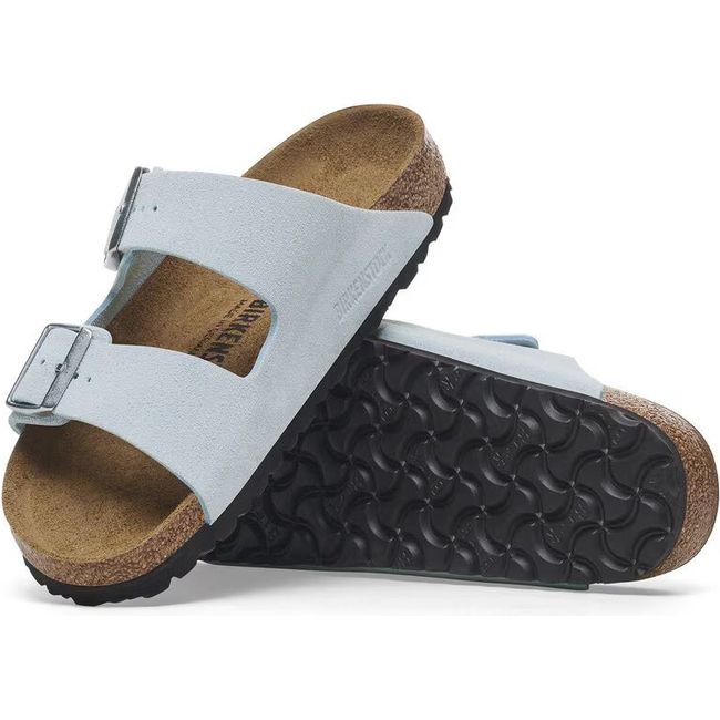 Upper and sole of Birkenstock Women's Arizona Suede Sandals in baby blue