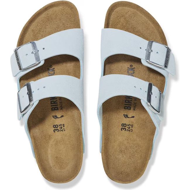 Top down view of Birkenstock Women's Arizona Suede Sandals in baby blue