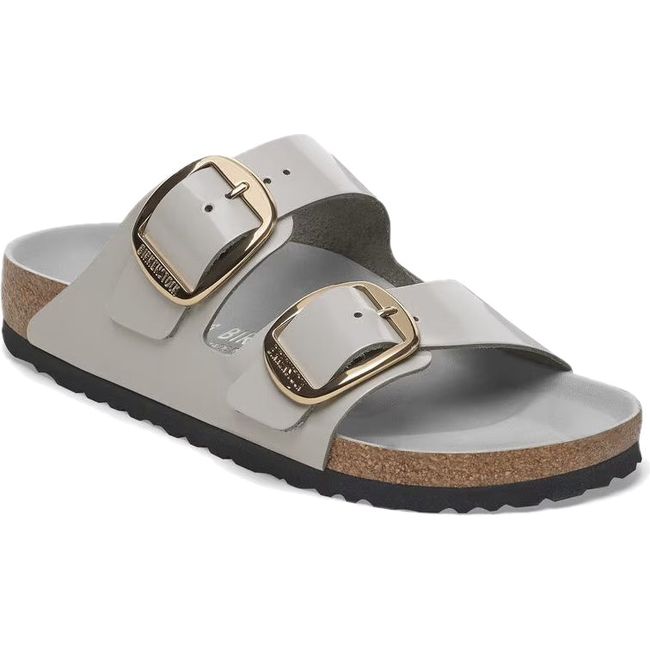 Front angled view of Birkenstock Women's Arizona Big Buckle Narrow Sandal in high shine stone coin
