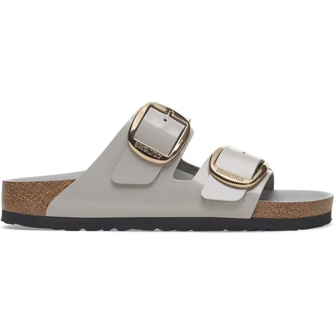Lateral side of Birkenstock Women's Arizona Big Buckle Narrow Sandal in high shine stone coin