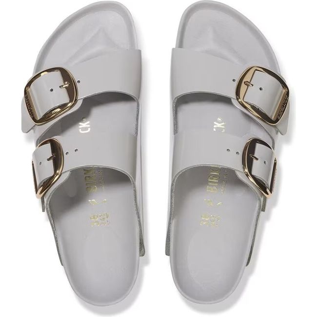 Top down view of Birkenstock Women&#39;s Arizona Big Buckle Narrow Sandals in high shine stone coin
