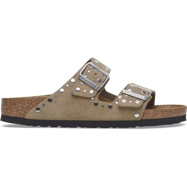 Lateral side of Birkenstock Women's Arizona Rivet Narrow Sandal in taupe