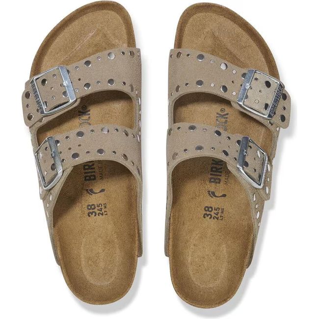 Top down view of Birkenstock Women's Arizona Rivet Narrow Sandals in taupe