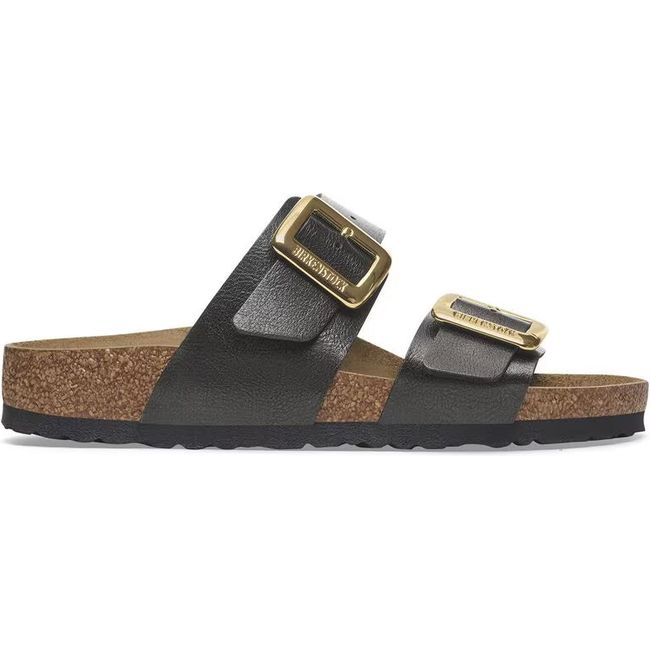 Lateral side of Birkenstock Women&#39;s Sydney Luxe Buckle Birko Flor Narrow Sandal in graceful licorice