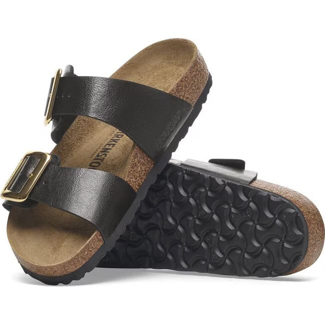 Upper and sole of Birkenstock Womens Sydney Luxe Buckle Birko Flor Narrow Sandals. Graceful licorice