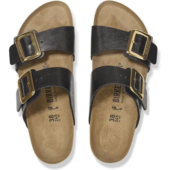 Top down of Birkenstock Women&#39;s Sydney Luxe Buckle Birko Flor Narrow Sandals in graceful licorice