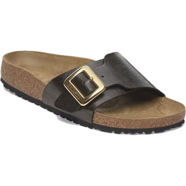 Angled view of Birkenstock Womens Catalina Luxe Buckle Birko-Flor Narrow Sandal in Graceful Licorice