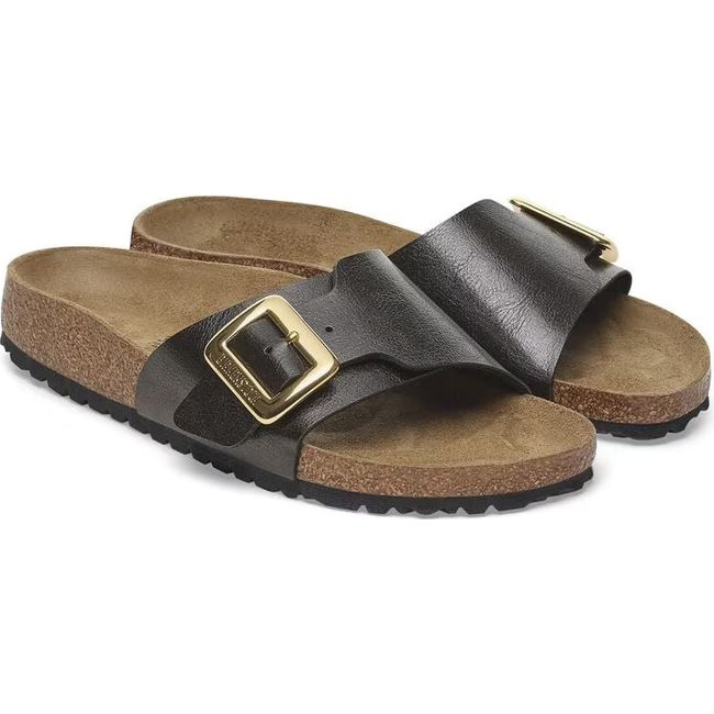 Pair of Birkenstock Womens Catalina Luxe Buckle Birko-Flor Narrow Sandals in Graceful Licorice