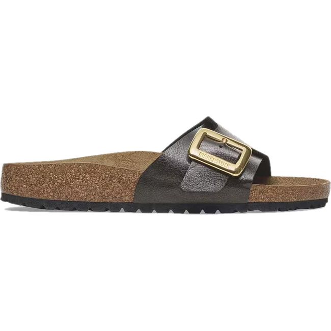Lateral of Birkenstock Womens Catalina Luxe Buckle Birko-Flor Narrow Sandal in Graceful Licorice