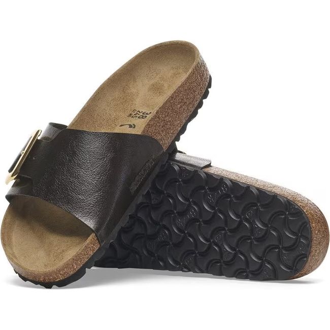 Upper and sole of Birkenstock Womens Catalina Luxe Buckle Birko-Flor Sandal in Graceful Licorice