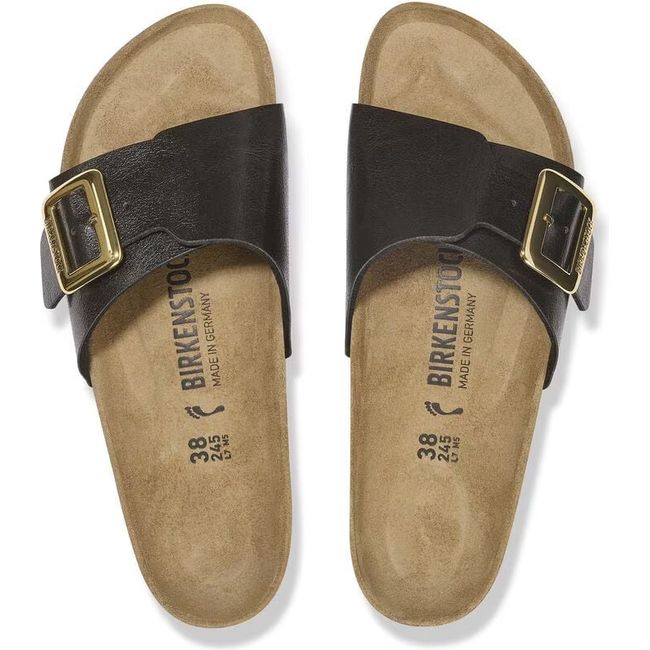 Top down of Birkenstock Womens Catalina Luxe Buckle Birko-Flor Narrow Sandal in Graceful Licorice