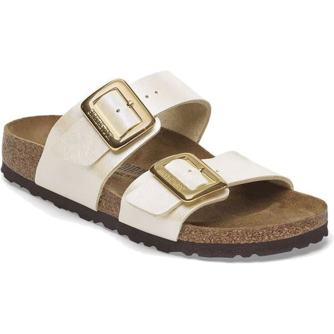 Front angled view of Birkenstock Women's Sydney Luxe Buckle Birko-Flor Narrow Sandal in pearl white