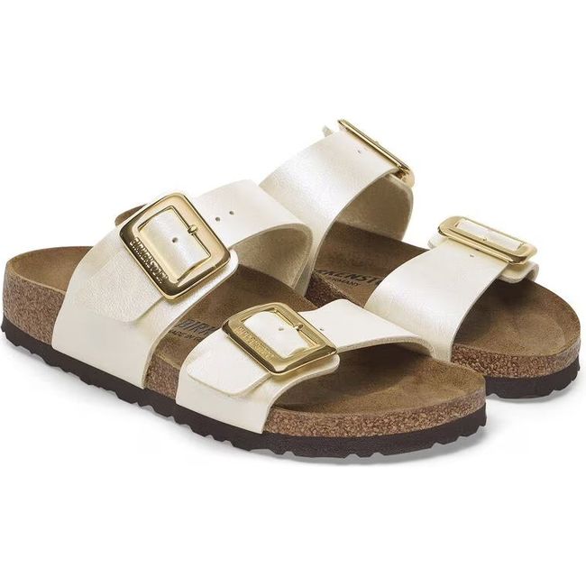 Pair of Birkenstock Women's Sydney Luxe Buckle Birko-Flor Narrow Sandals in pearl white