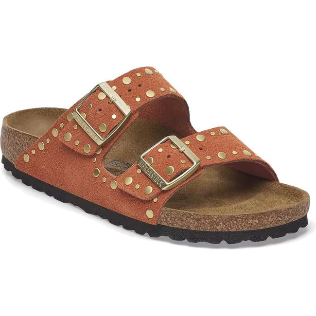 Front angled view of a Birkenstock Women's Arizona Rivet Narrow Sandal in dark rust orange