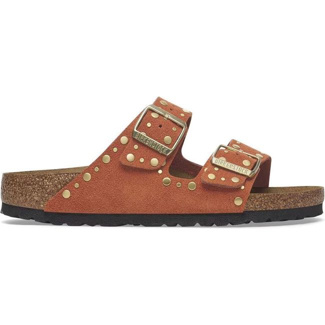 Lateral side of a Birkenstock Women's Arizona Rivet Narrow Sandal in dark rust orange