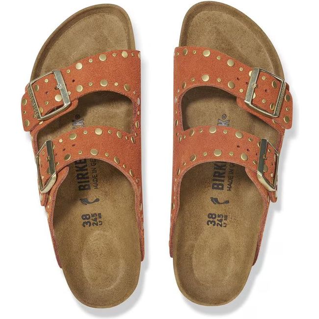 Top down view of a Birkenstock Women's Arizona Rivet Narrow Sandals in dark rust orange