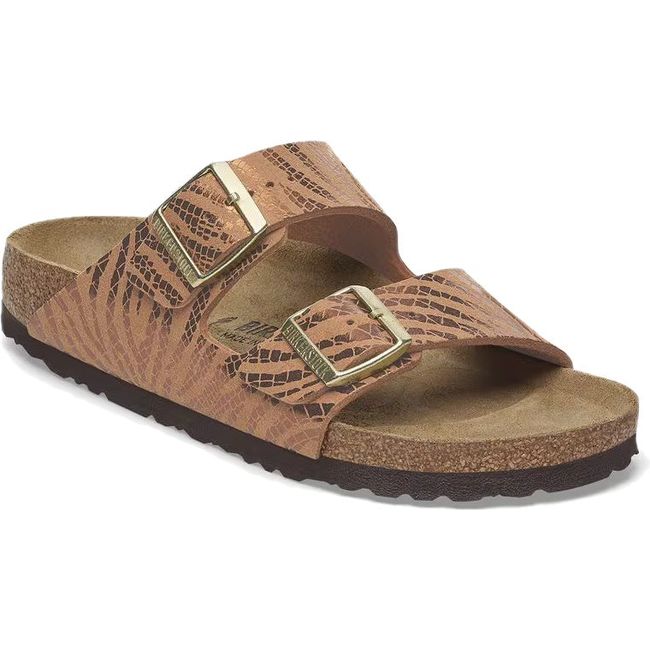 Front angled view of Birkenstock Women's Arizona Narrow Sandal in zebra pecan brown