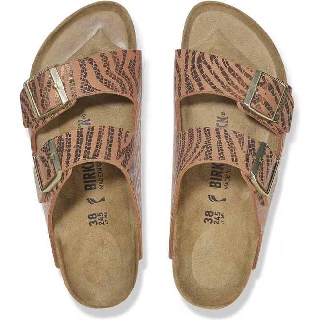 Top down view of Birkenstock Women's Arizona Narrow Sandals in zebra pecan brown
