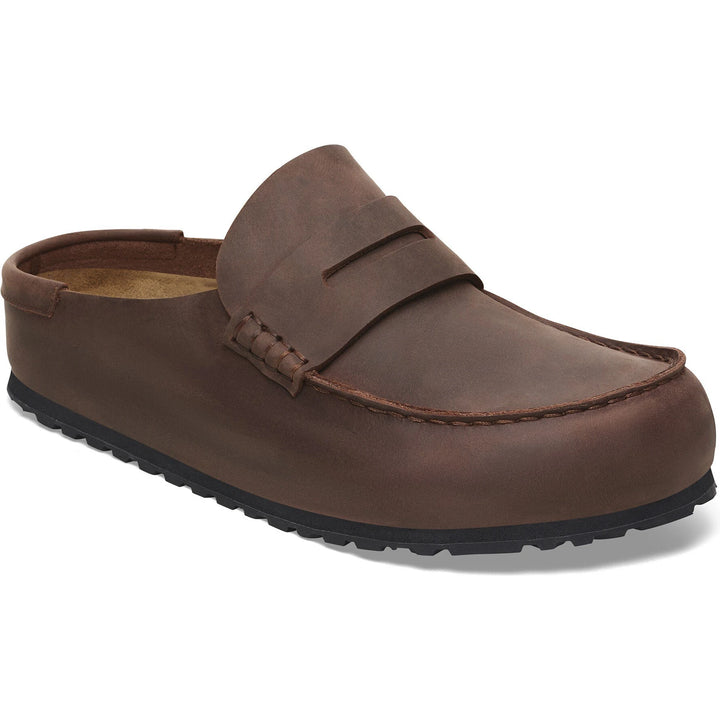 Front angled view of Birkenstock Unisex Naples Wrapped Oiled Leather Clog in Habana