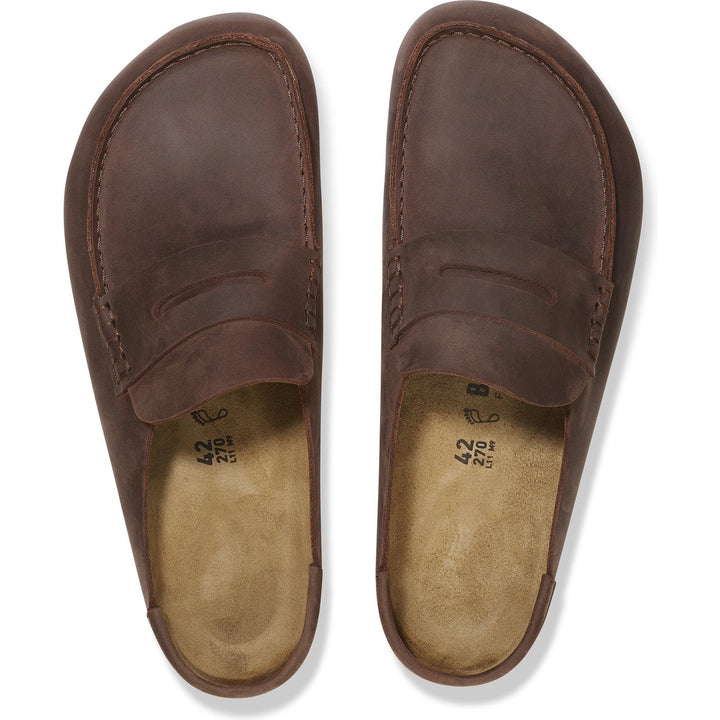 Top down view of Birkenstock Unisex Naples Wrapped Oiled Leather Clogs in Habana