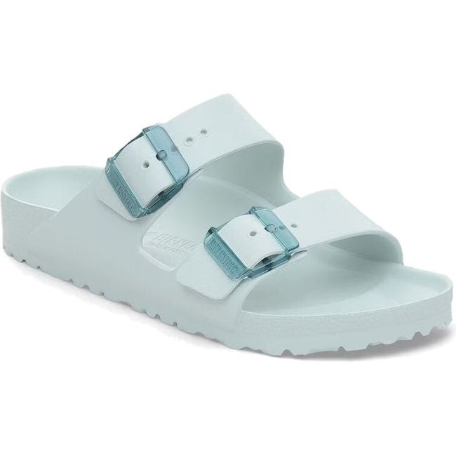 Front angled view of Birkenstock Women's Arizona EVA Stealth Buckle Narrow Sandal in surf green