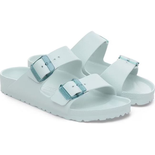 Pair of Birkenstock Women's Arizona EVA Stealth Buckle Narrow Sandals in surf green