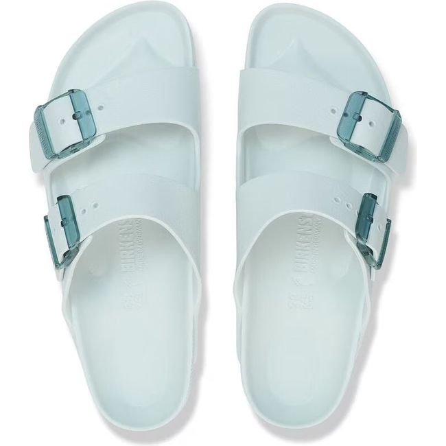 Top down view of Birkenstock Women's Arizona EVA Stealth Buckle Narrow Sandals in surf green
