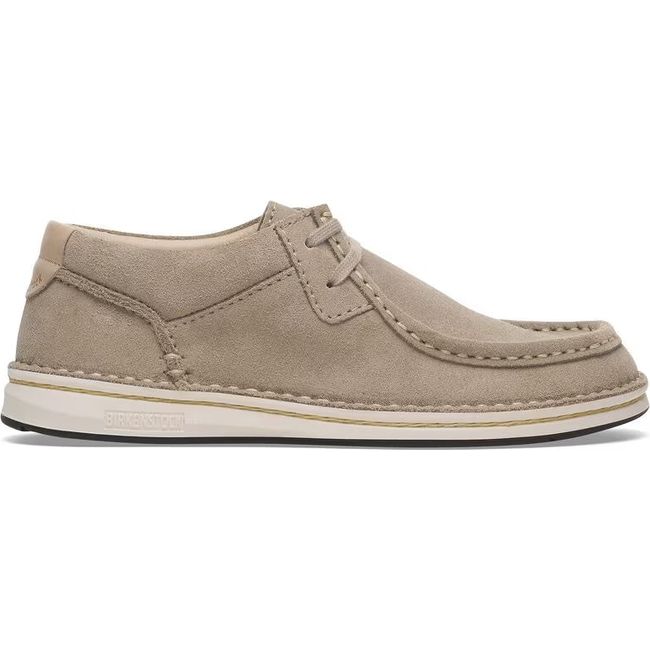 Lateral side of Birkenstock Men's Pasadena Moccasin in taupe suede