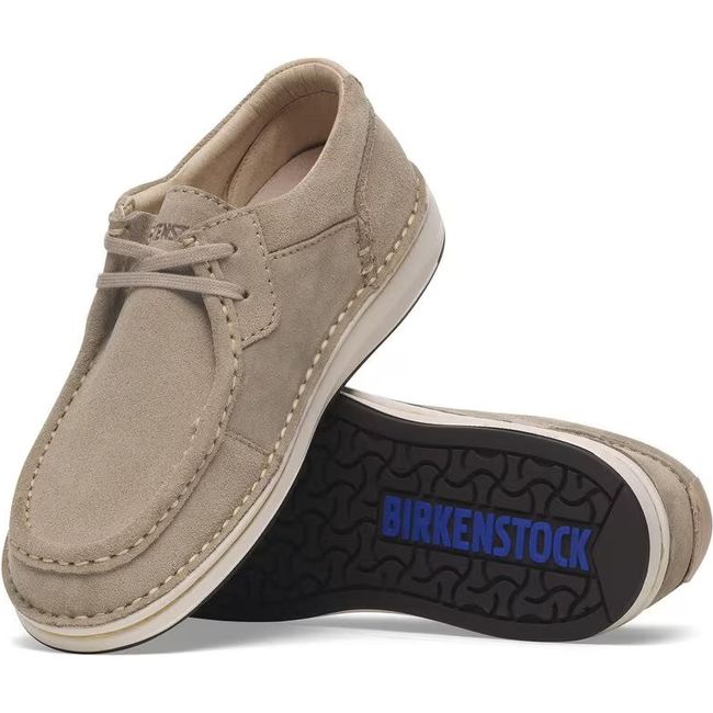 Upper and sole of Birkenstock Men's Pasadena Moccasins in taupe suede
